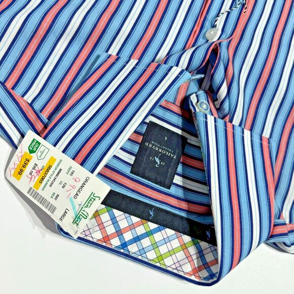 NWT $99 Tailor Byrd LS Button Down Shirt Blue Pink Stripe Flip Cuff Men’s Size L - Picture 7 of 11